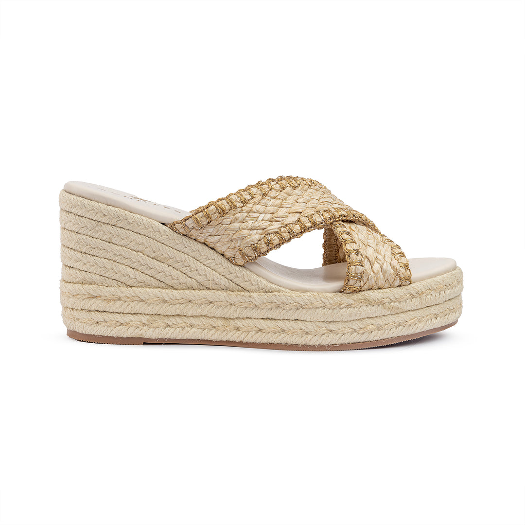 Criss Cross Wedge Sandals - Beige