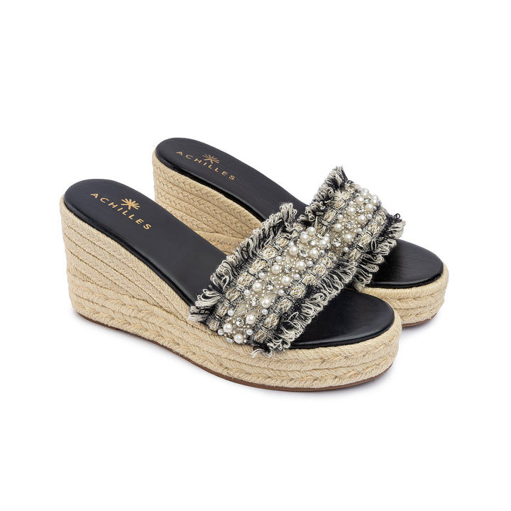 Pearl Strap Wedge Sandals - Black