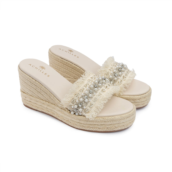 Pearl Strap Wedge Sandals - Beige