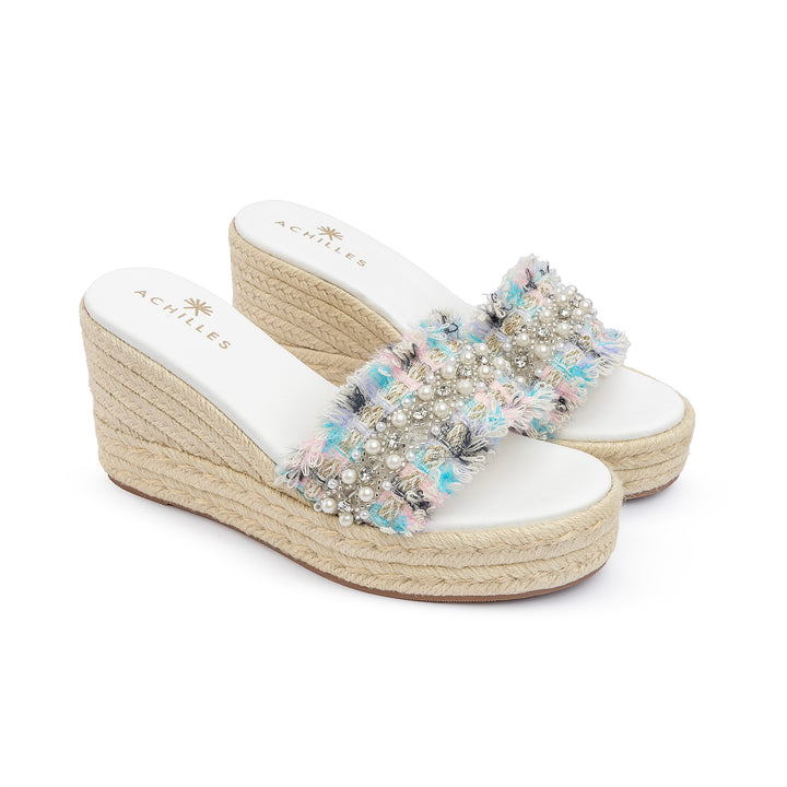 Pearl Strap Wedge Sandals - White