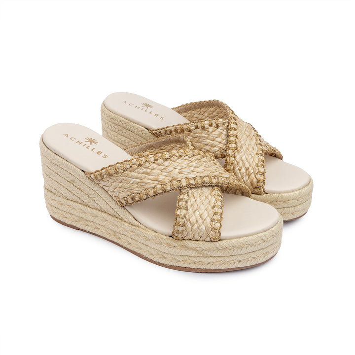 Criss Cross Wedge Sandals - Beige