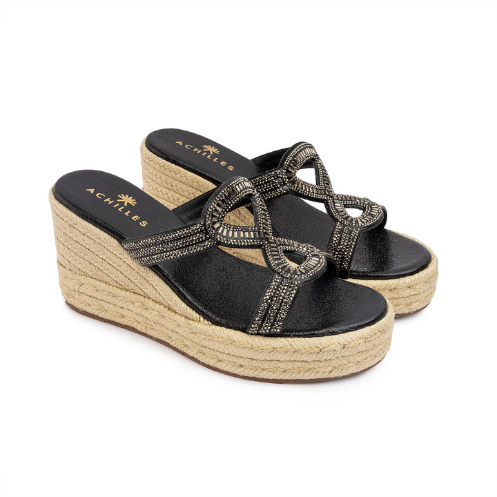 Knot Tie Wedge Sandals - Black