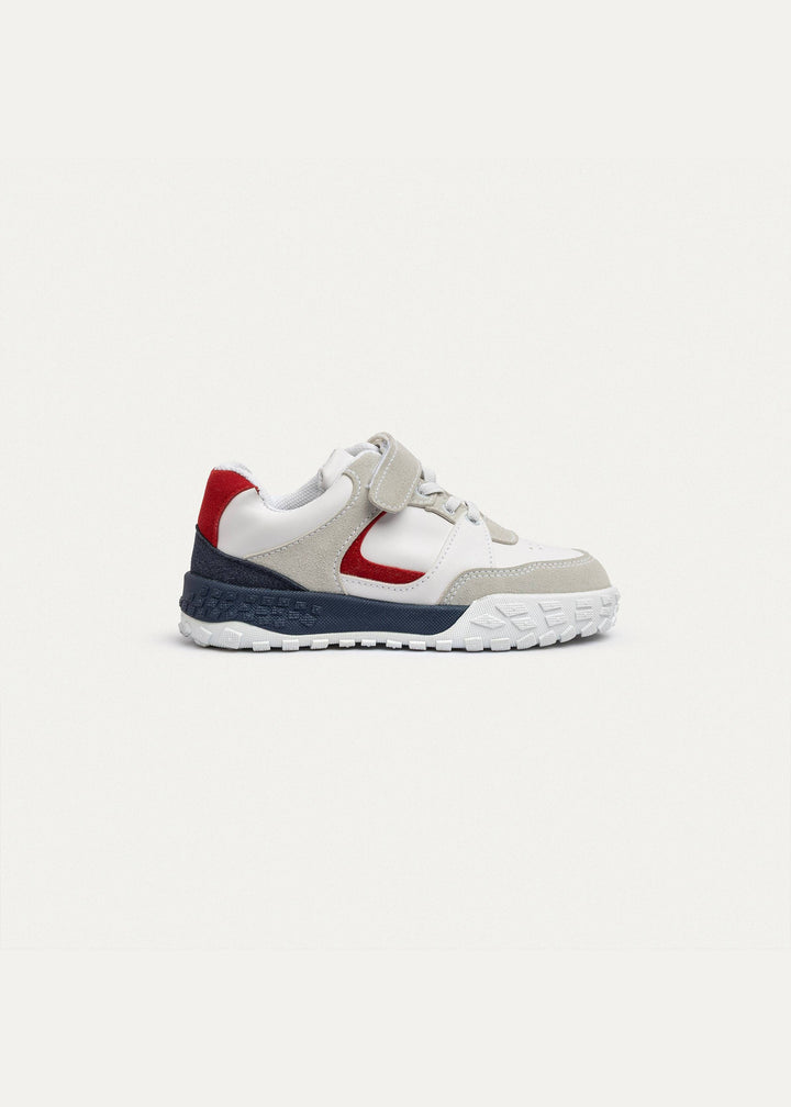 PlayCourt White & Gray (One-Strap Sneakers) Chunky Style, Kid | Simple