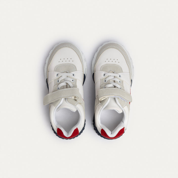 Achilles Kids | PlayCourt – White & Gray (One-Strap Sneakers) – Chunky Style, Kid-Simple