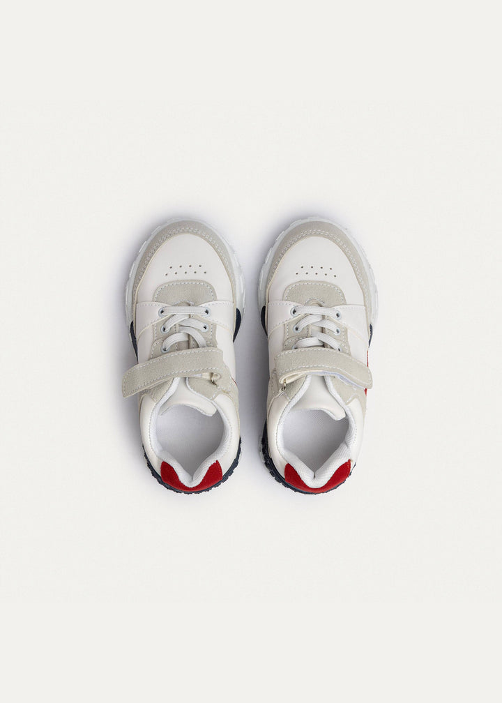PlayCourt White & Gray (One-Strap Sneakers) Chunky Style, Kid | Simple