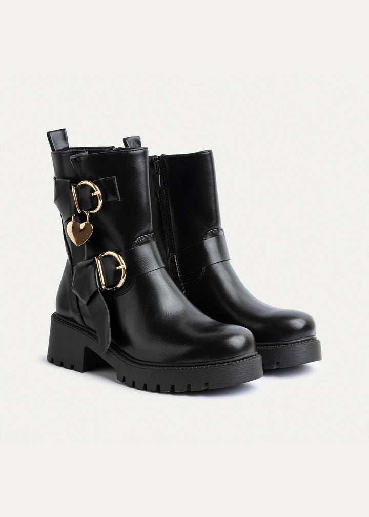 Achilles | Charm Buckle Biker Boots | Black
