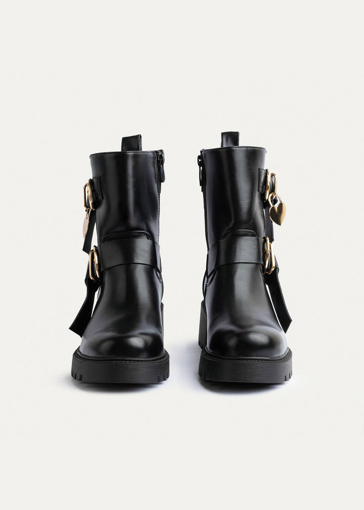 Charm Buckle Biker Boots | Black