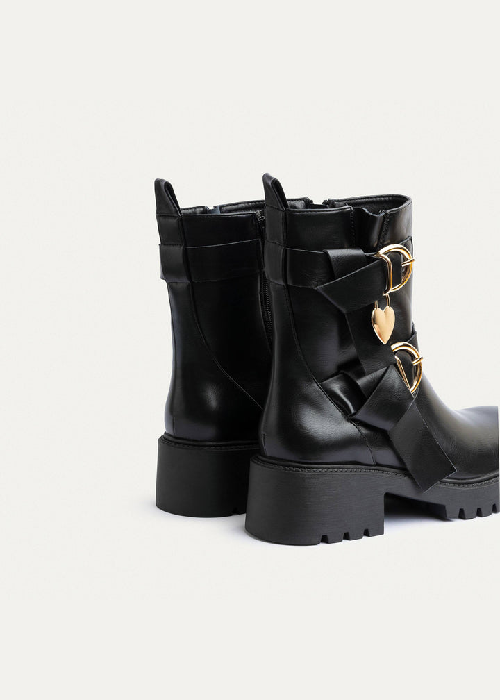 Charm Buckle Biker Boots | Black