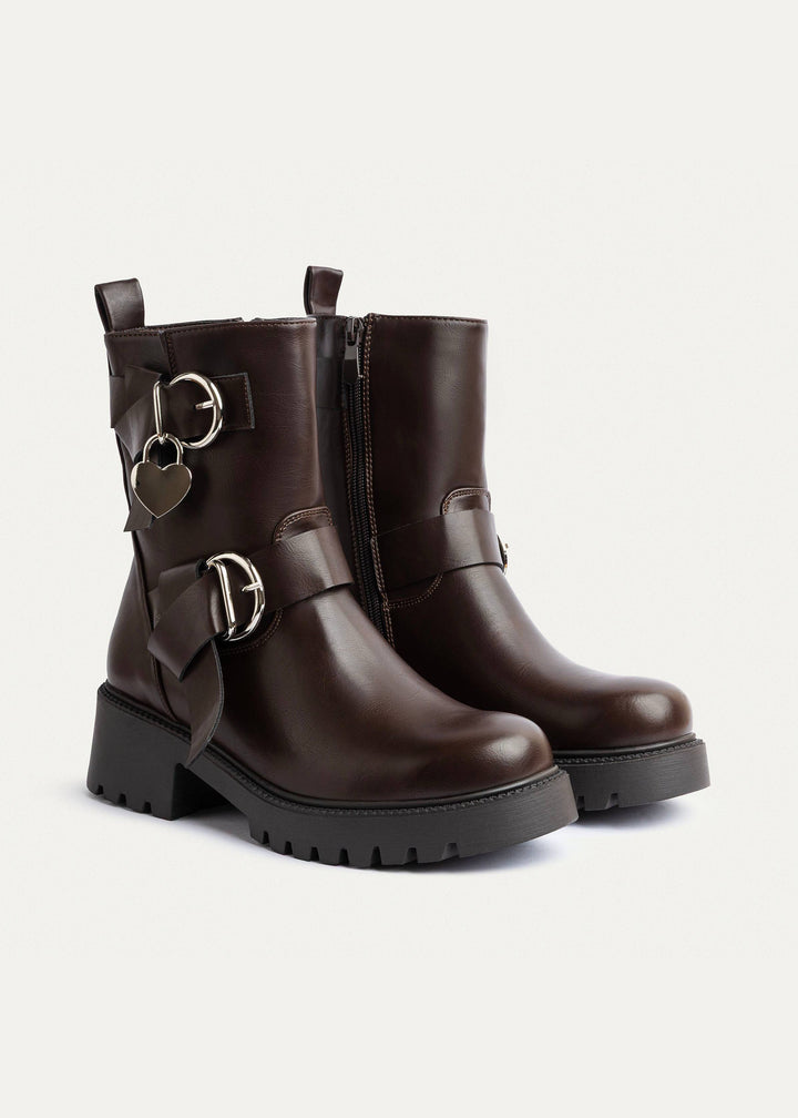 Achilles | Charm Buckle Biker Boots | Brown