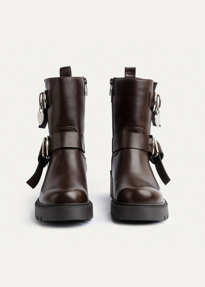 Achilles | Charm Buckle Biker Boots | Brown