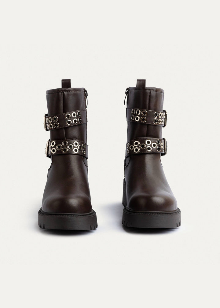 Double Buckle Biker Boots | Brown
