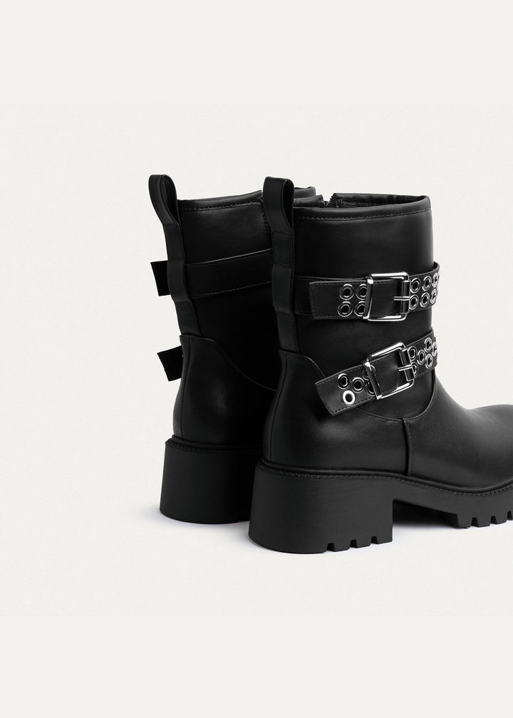 Double Buckle Biker Boots | Black
