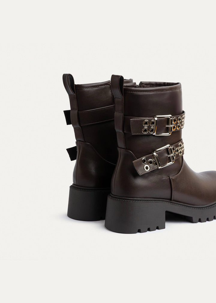 Double Buckle Biker Boots | Brown