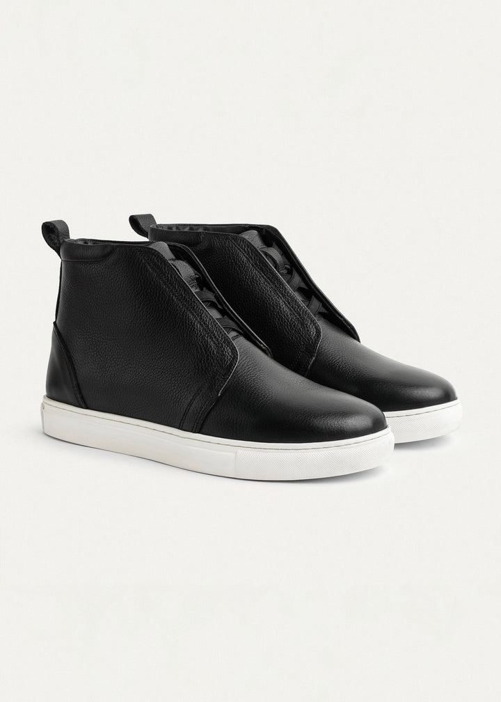 Textured Leather Mid-Top Sneakers | Black