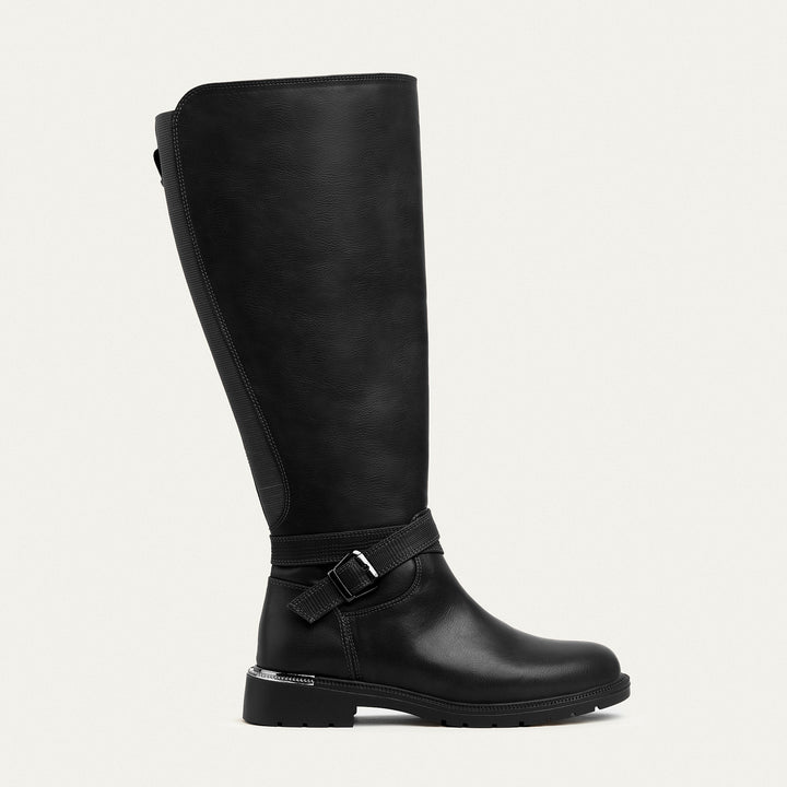 Bucklewood Knee-High Boot with Side Zipper - Black