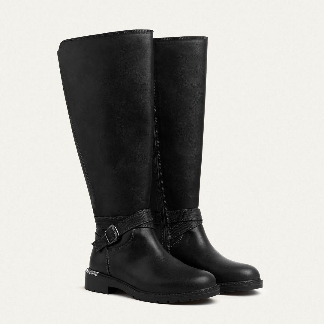 Bucklewood Knee-High Boot with Side Zipper - Black