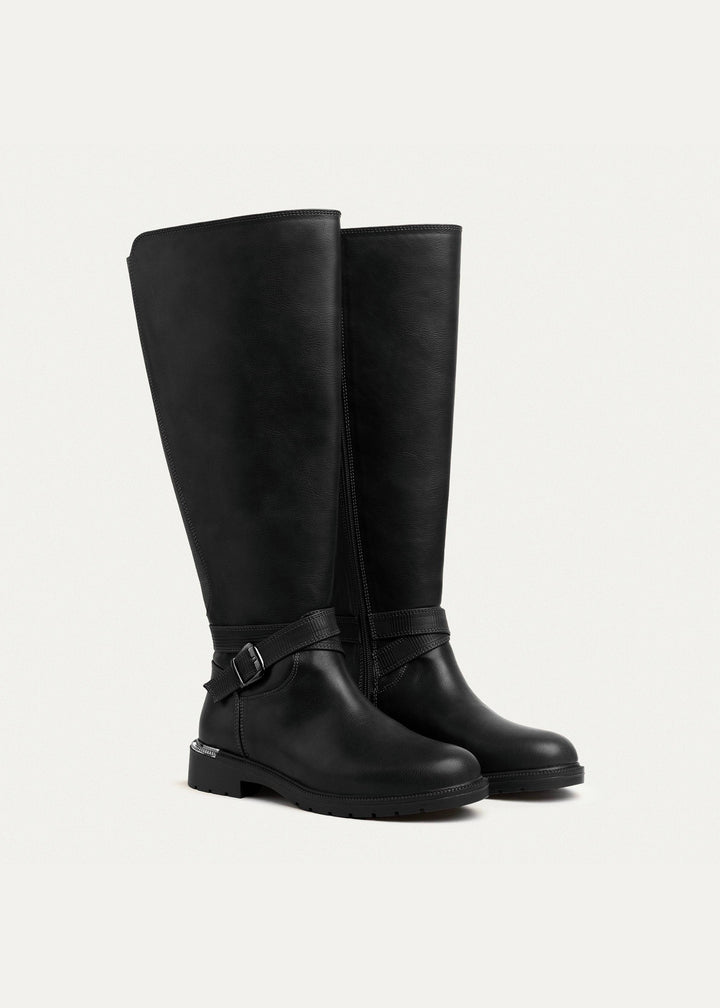 Bucklewood Knee-High Boot with Side Zipper - Black