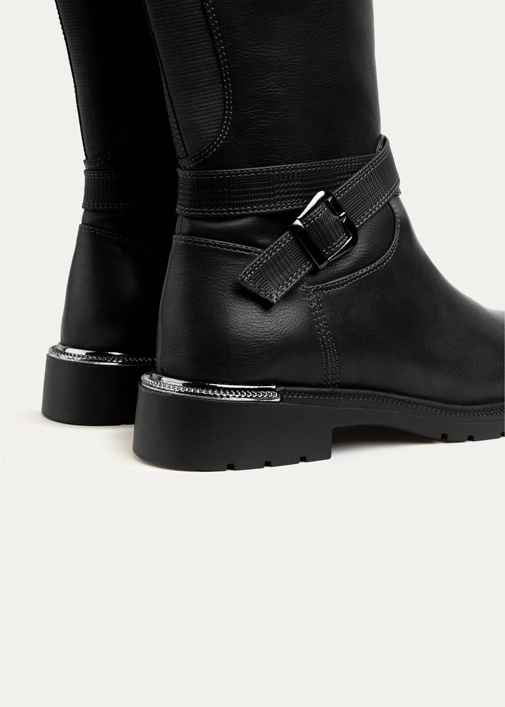 Bucklewood Knee-High Boot with Side Zipper - Black