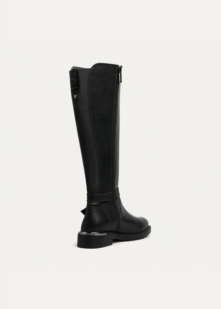 Bucklewood Knee-High Boot with Side Zipper - Black