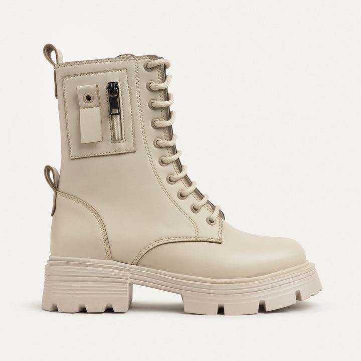 Lux Lug Lace Up Combat Boots - Beige