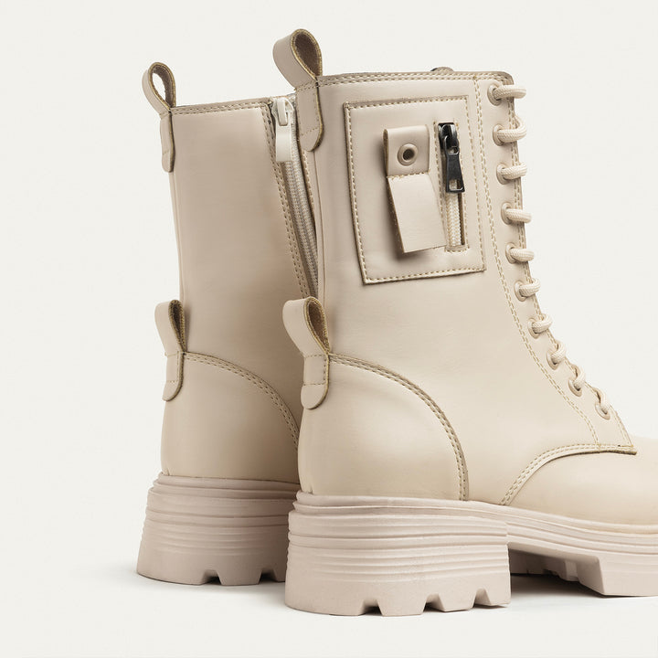 Lux Lug Lace Up Combat Boots - Beige