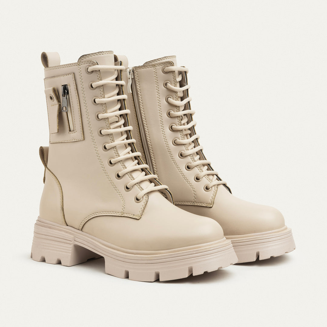 Lux Lug Lace Up Combat Boots - Beige