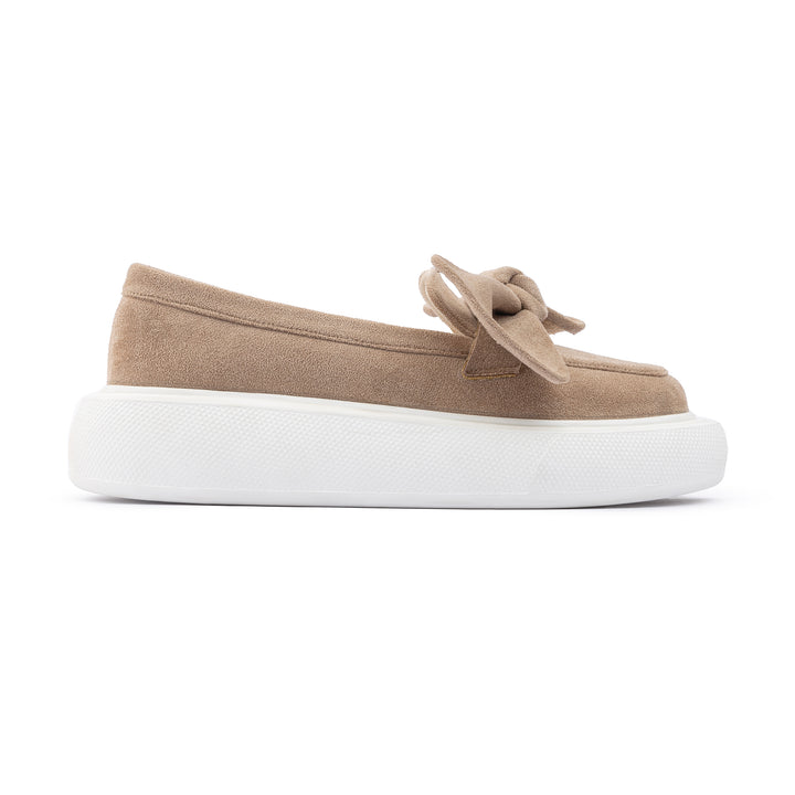 Bow Tie Suede Slip On Sneaker Loafers - Beige