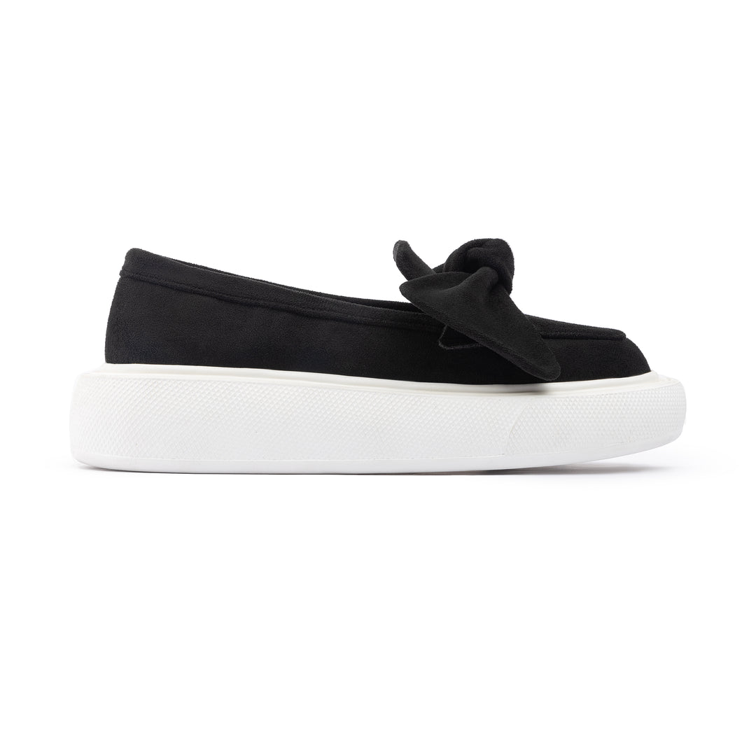 Bow Tie Suede Slip On Sneaker Loafers - Black