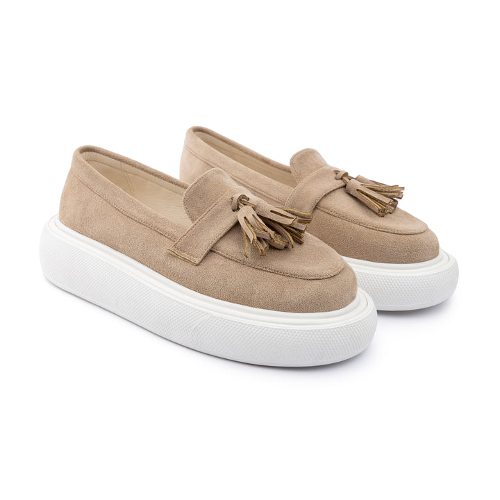 Tassel Suede Slip On Sneaker Loafers - Beige