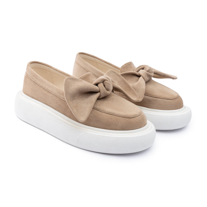 Bow Tie Suede Slip On Sneaker Loafers - Beige