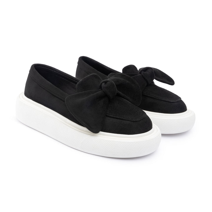 Bow Tie Suede Slip On Sneaker Loafers - Black