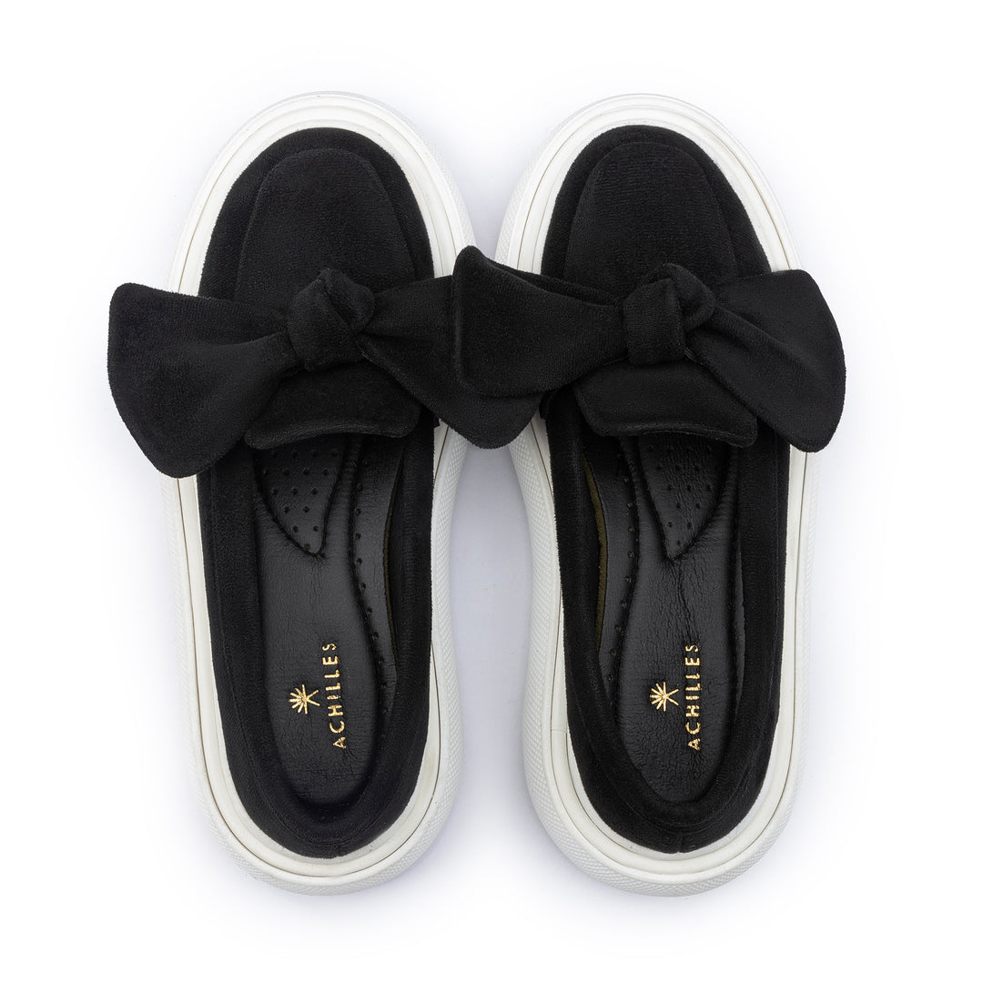 Bow Tie Suede Slip On Sneaker Loafers - Black