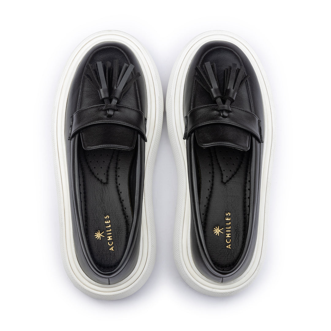 Tassel Leather Slip On Sneaker Loafers - Black