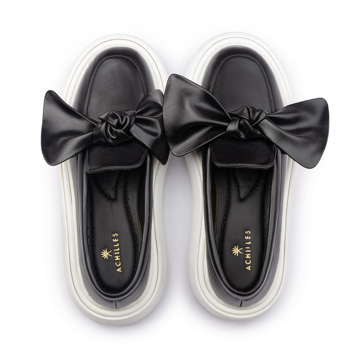 Bow Tie Leather Slip On Sneaker Loafers - Black