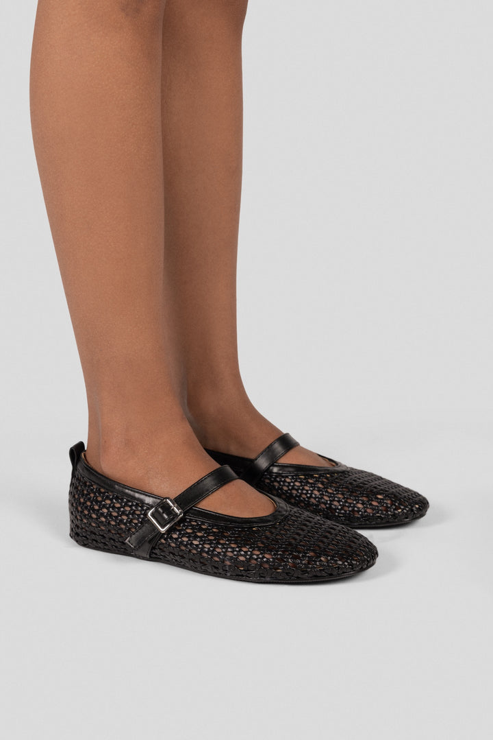Woven Basket Mary Jane Flats - Black