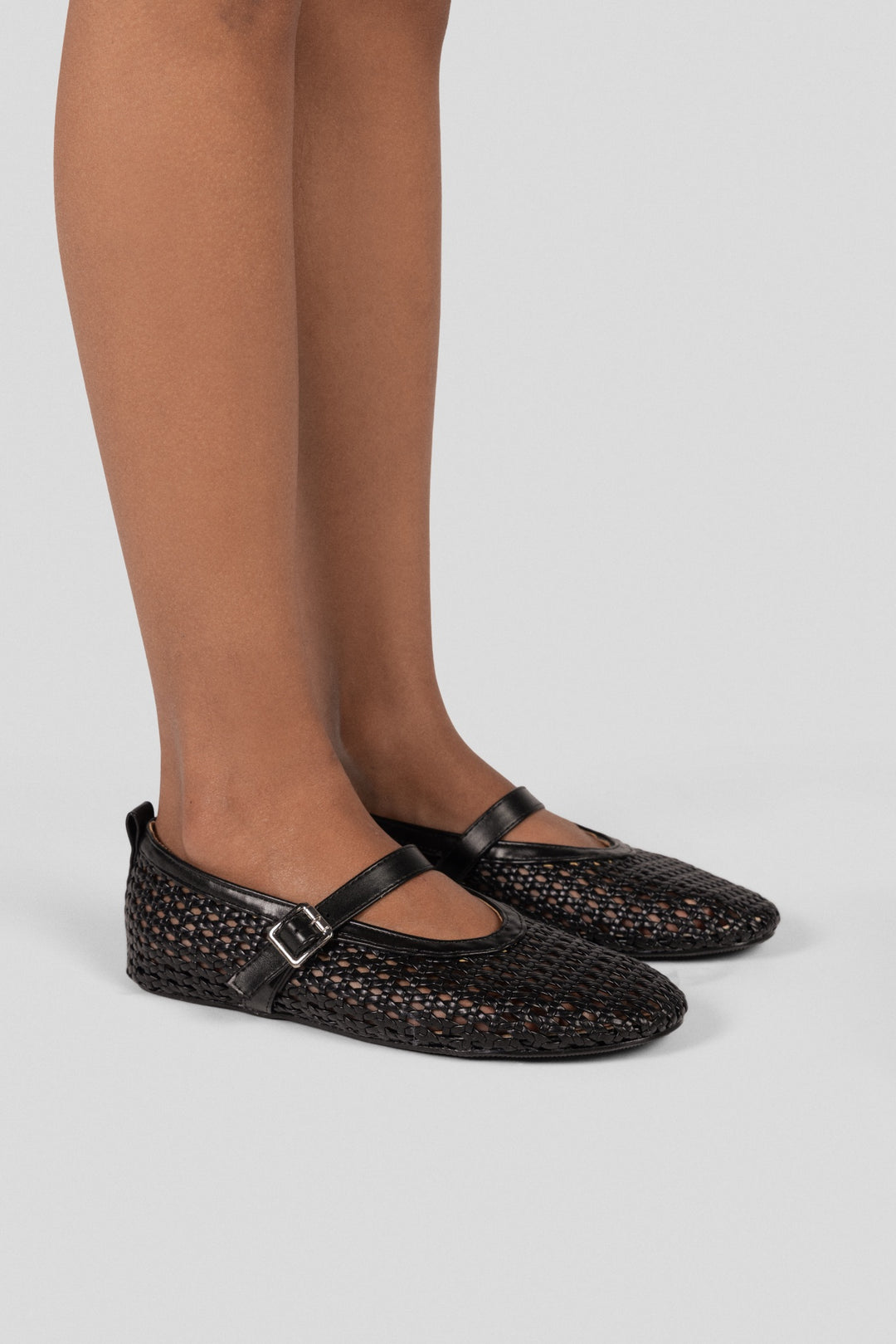 Woven Basket Mary Jane Flats - Black