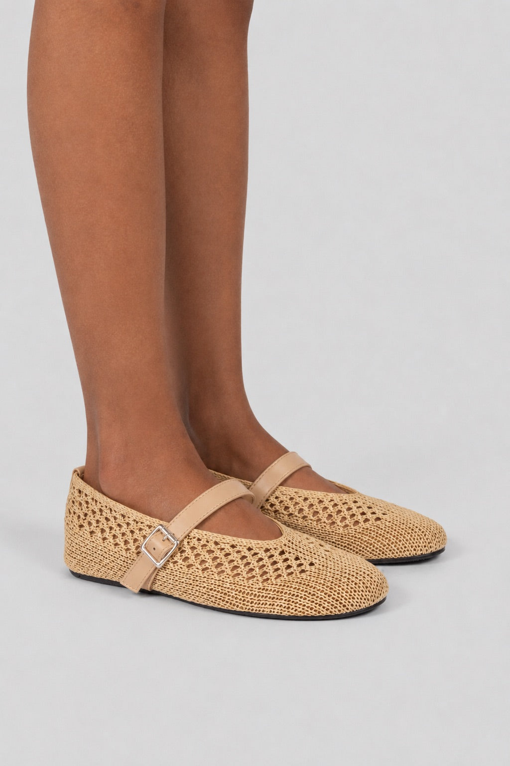 Woven Mesh Mary Jane Flats - Beige