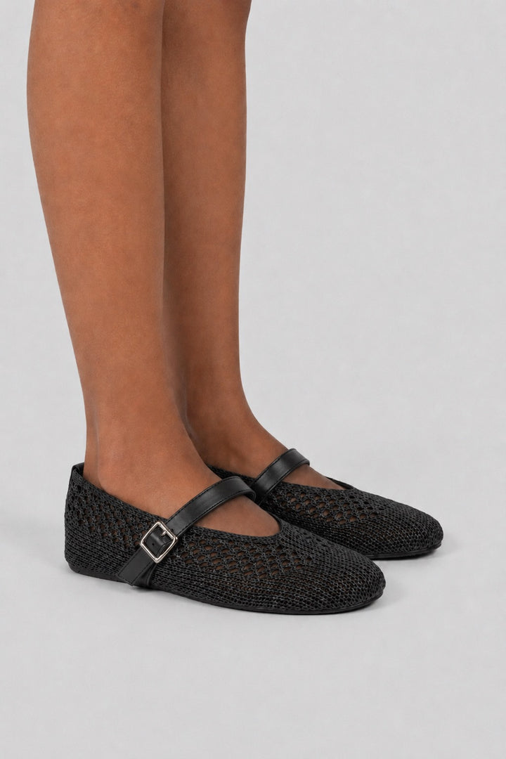 Woven Mesh Mary Jane Flats - Black