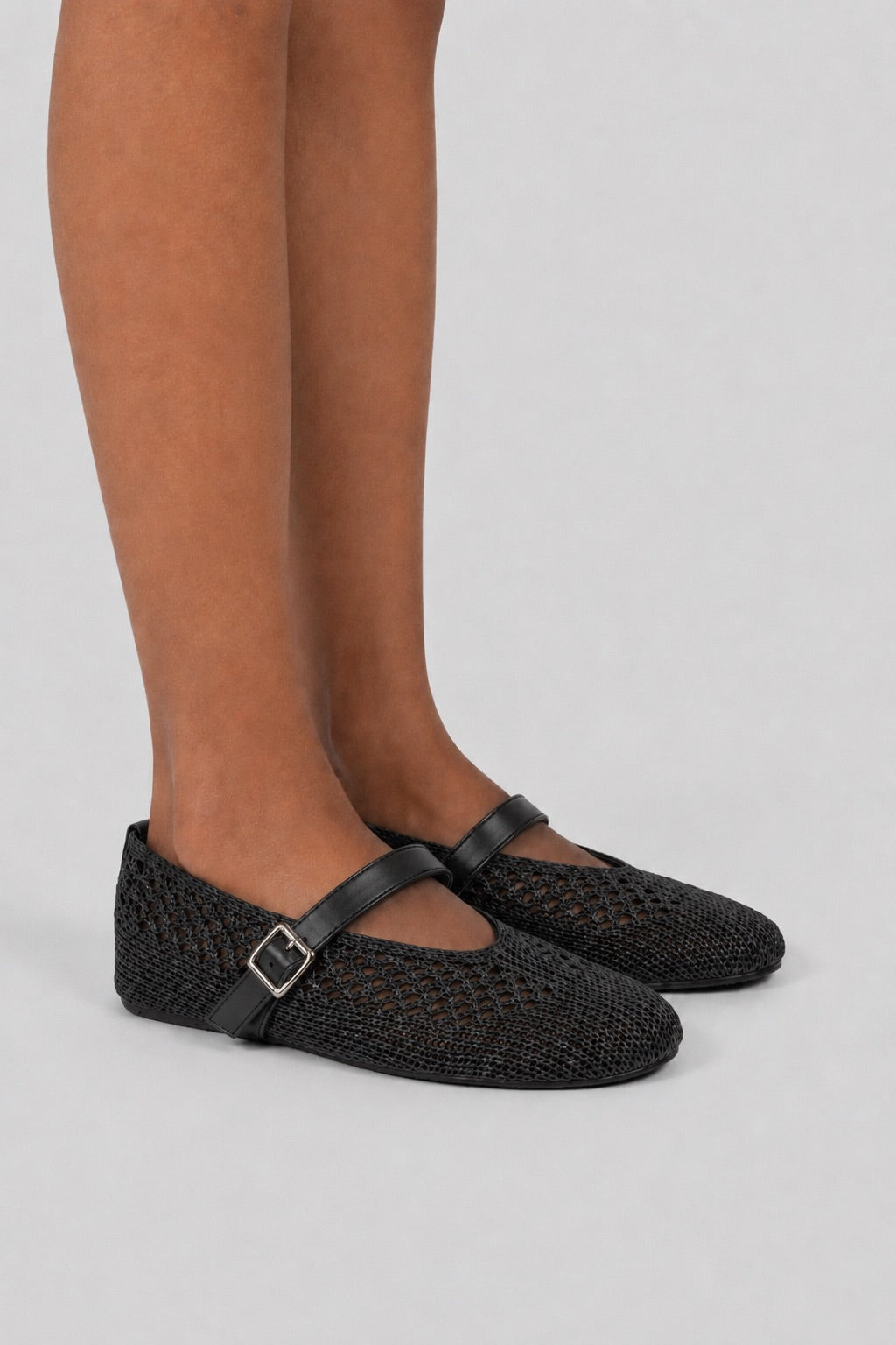 Woven Mesh Mary Jane Flats - Black