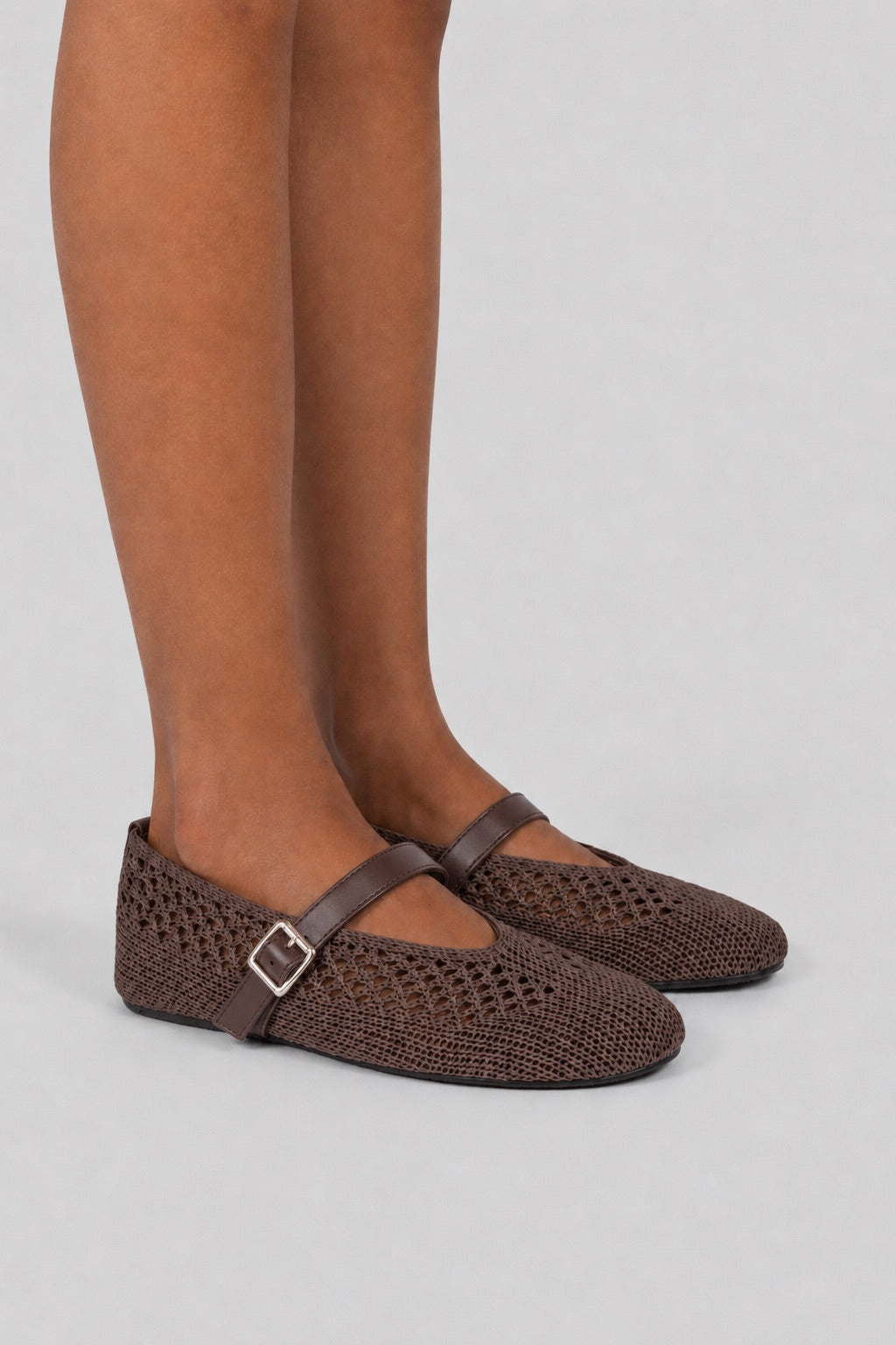 Woven Mesh Mary Jane Flats - Brown