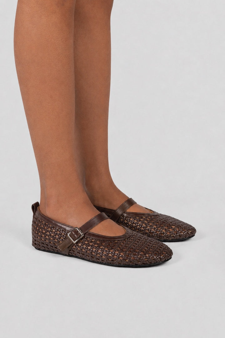 Woven Basket Mary Jane Flats - Brown