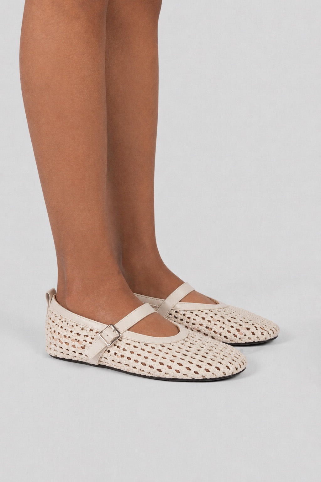 Woven Basket Mary Jane Flats - Beige