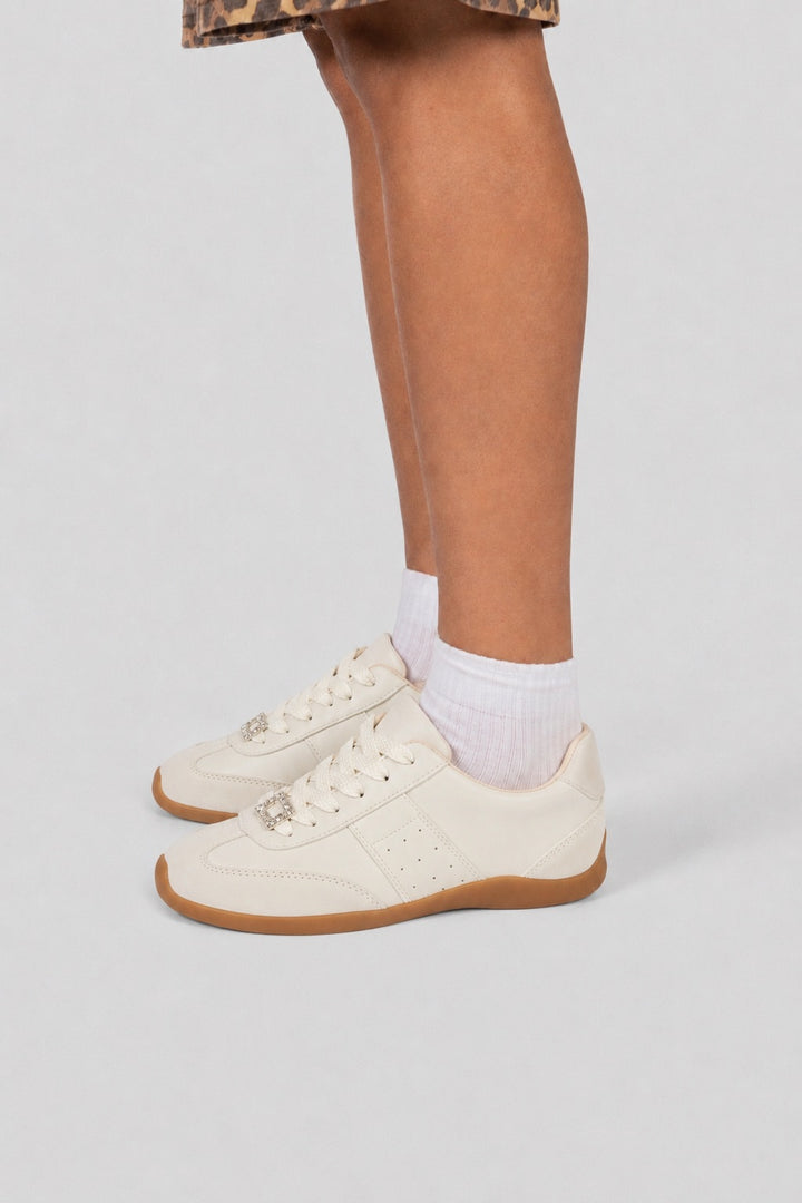 Rhinestone Buckle Retro Sneakers - Beige