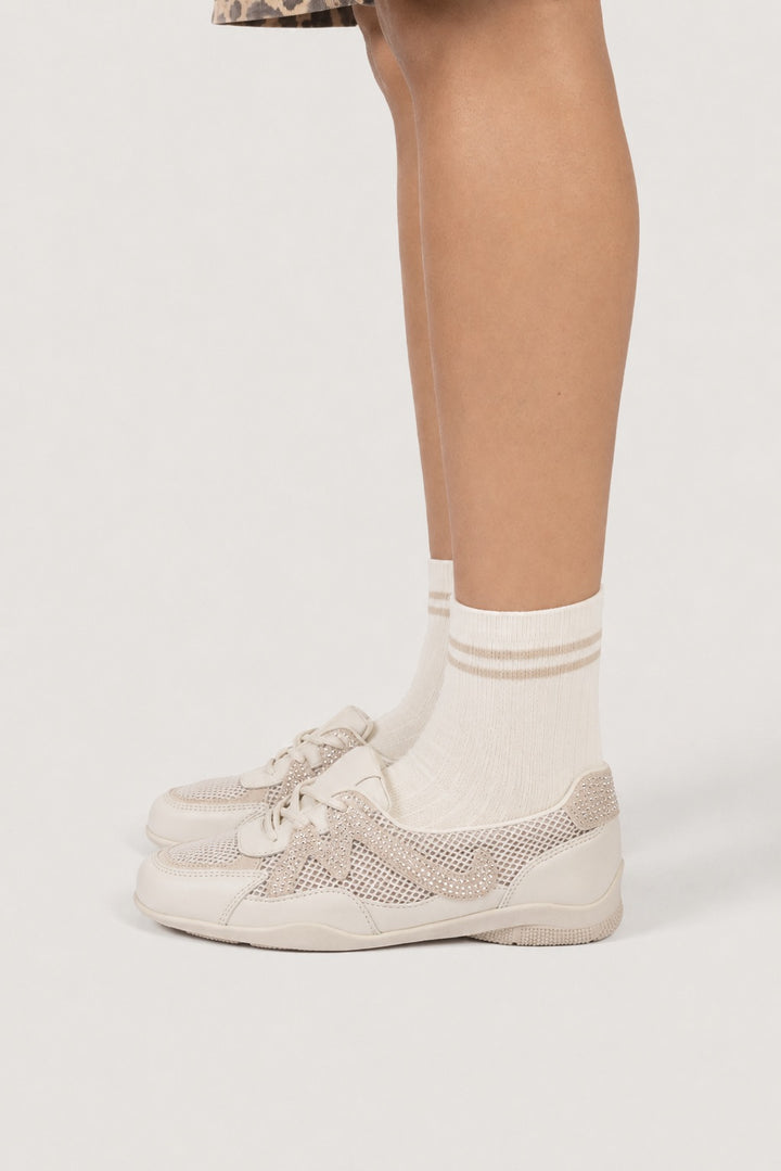 Mesh Rhinestone Sneakers - Beige