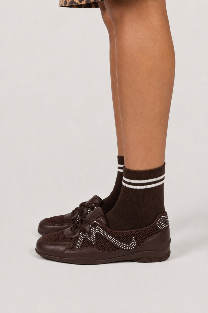 Mesh Rhinestone Sneakers - Brown