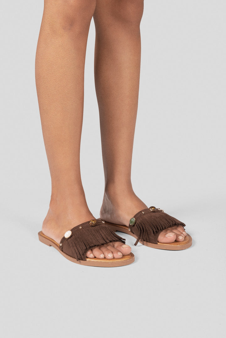 Suede Slides Fringe Stones - Brown