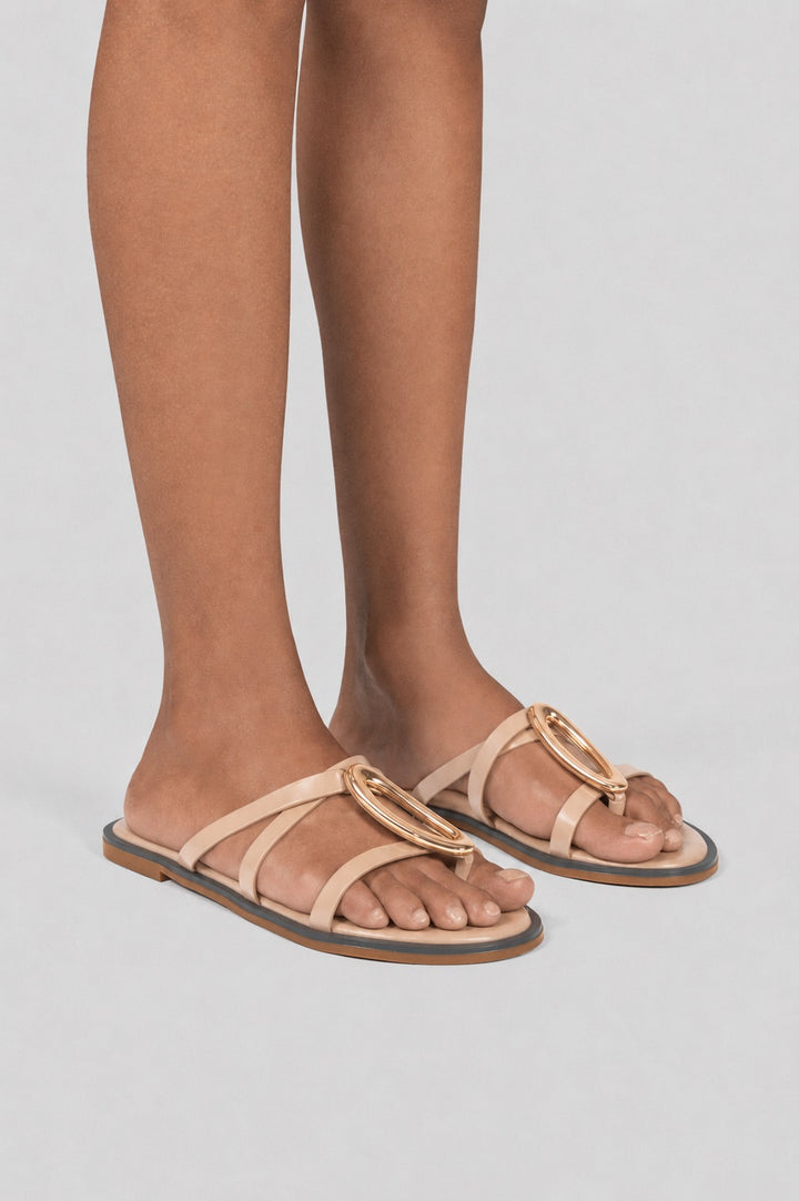 Flat Thong Sandals Gold Oval Ring - Beige