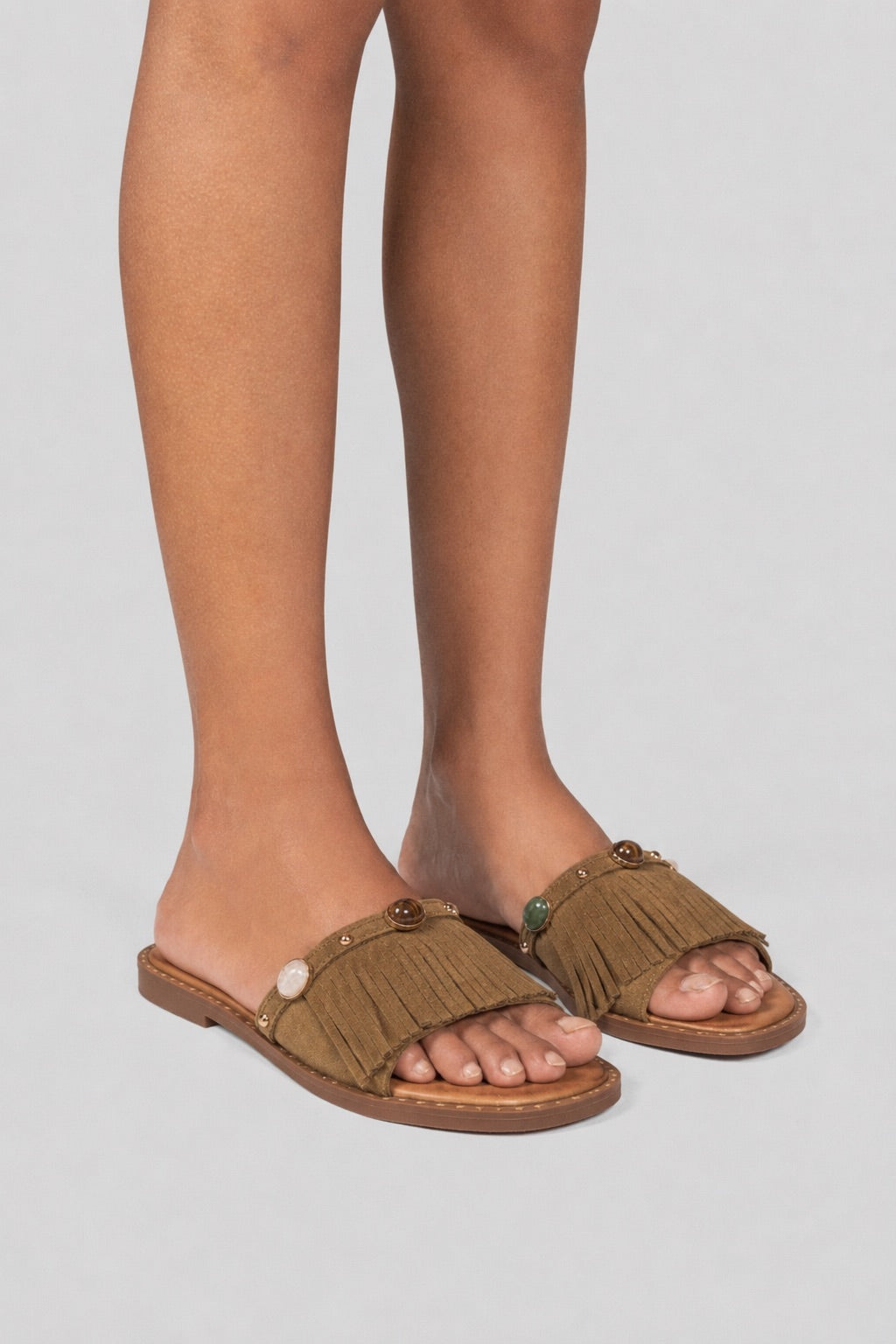 Suede Slides Fringe Stones - Café