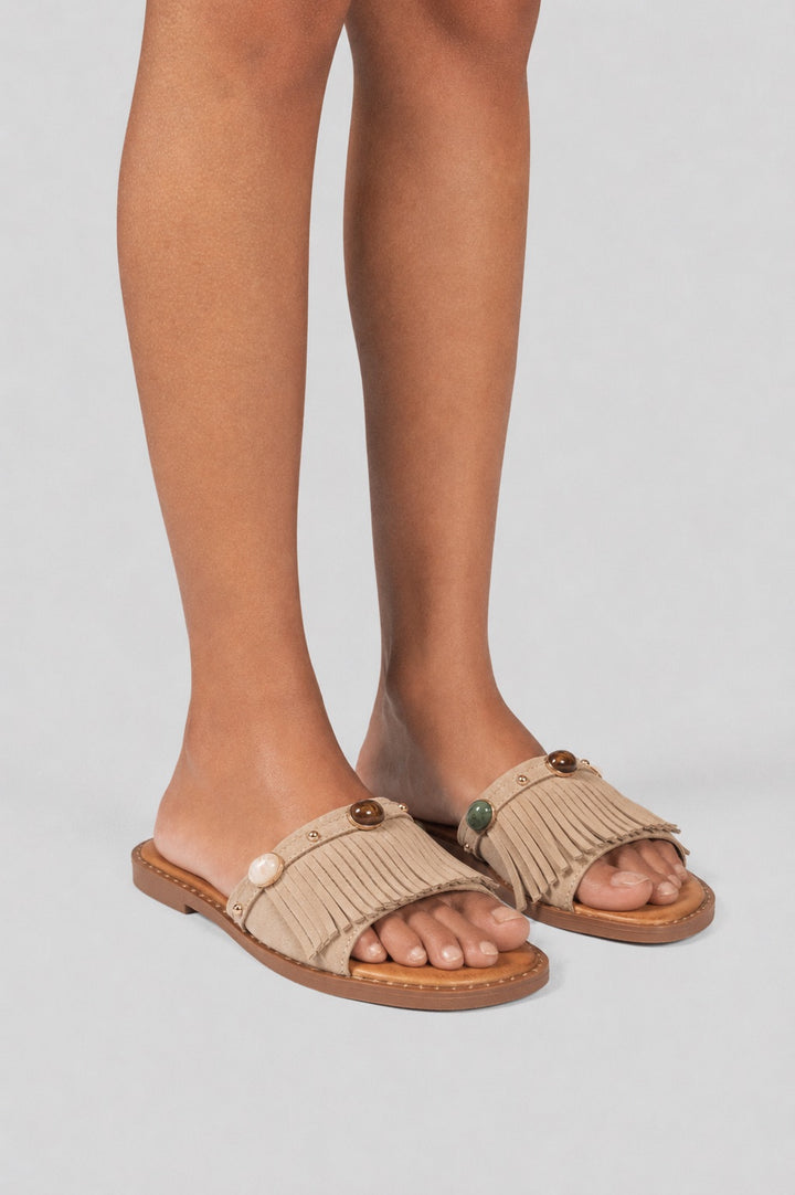 Suede Slides Fringe Stones - Beige