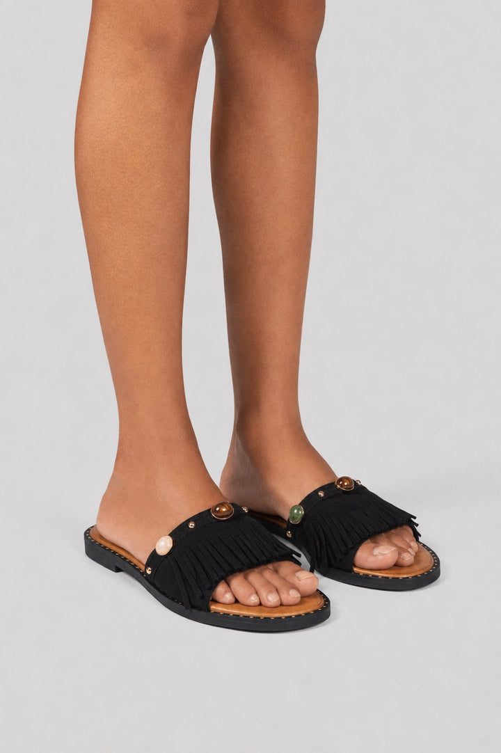 Suede Slides Fringe Stones - Black